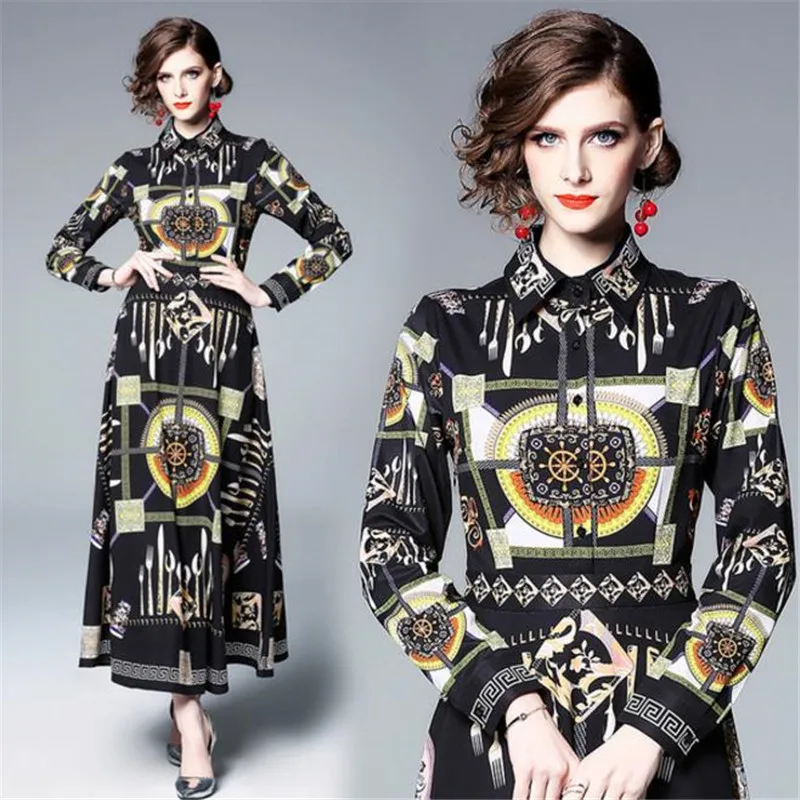 2019 Autum Designer Runway Long Sleeve Maxi Dress High Waist Women Vestidos Vintage Totem Printed Lapel Long Sleeve Dress black
2019 Autum Designer Runway Long Sleeve Maxi Dress High Waist Women Vestidos Vintage Totem Printed Lapel Long Sleeve Dress black