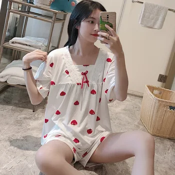 Summer New Ladies Pajamas Cute Little Pink Oil Painting Strawberry Casual Short-sleeved Shorts Can Go Out Home Service Pjs Women
Summer New Ladies Pajamas Cute Little Pink Oil Painting Strawberry Casual Short-sleeved Shorts Can Go Out Home Service Pjs Women