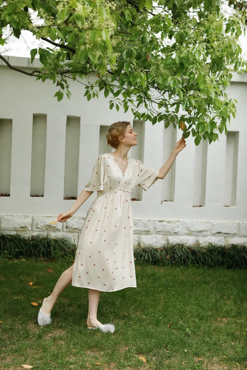 Hanxiuju Summer V- Neck Short Sleeve Nightgowns For Women Soft Viscose Polka Dot Nightwear Ladies Elegant Dress Autumn Spring 10 H72b64b0dbabc4c319fed959439a553b12