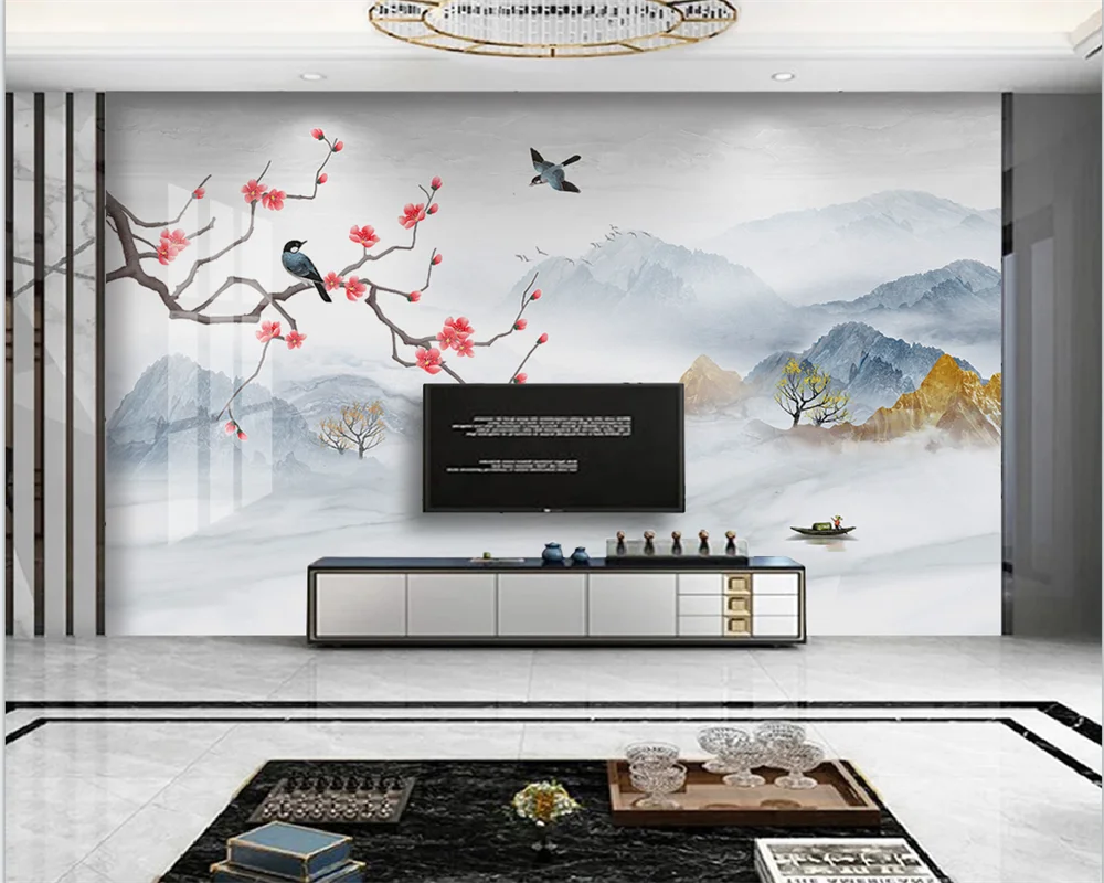 

beibehang Customized new Chinese plum blossom ink landscape marble pattern TV background wallpaper papel de parede papier peint