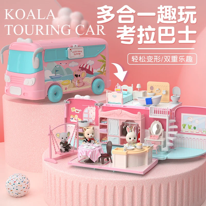 

Koala Bus House Children's Miniature Dollhouse Furniture Figure Baby Plush Dolls Forest Rabbit Family Girl Little Critters Toys