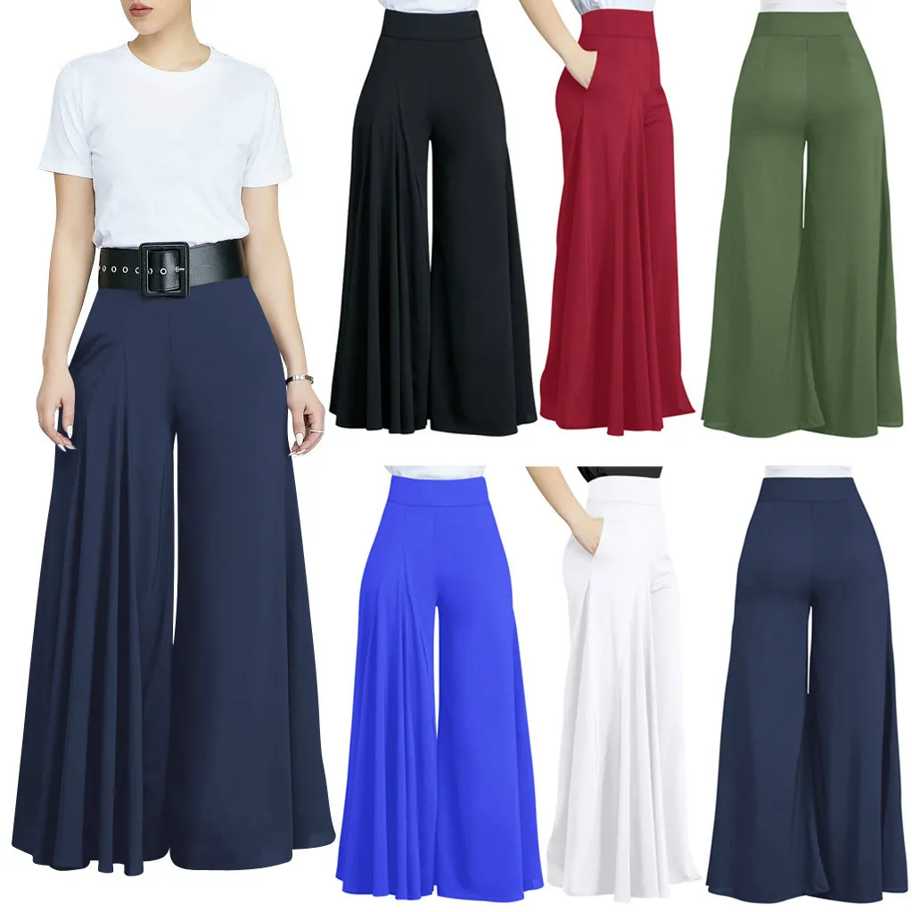 

Casual Long Loose Broad-legged Bellbottoms Solid Pleats Office Lady Black Green Blue Red White Summer Fashion 2019 New Arrival