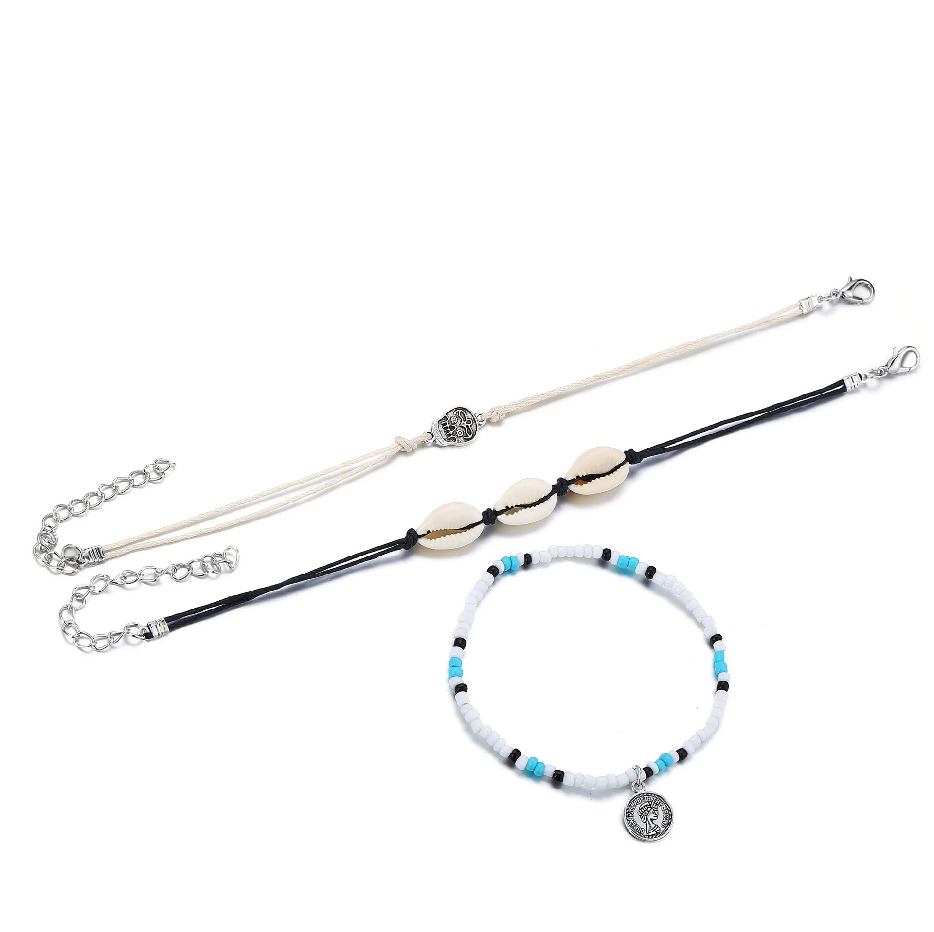 Europe And America New Style Anklet Creative Retro Head Stamp Pendant Shell Skeleton Anklet Set Three-piece Set
Europe And America New Style Anklet Creative Retro Head Stamp Pendant Shell Skeleton Anklet Set Three-piece Set