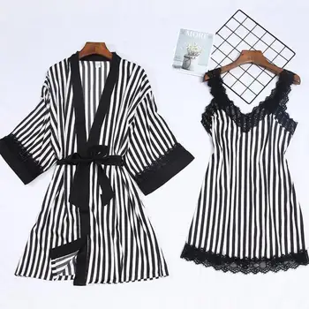 Satin Stripe Robe Set Sexy V-neck Women Kimono Bath Gown Sleepwear Casual Soft Nightwear 2020 New 2PCS Nightgown&Bathrobe Suits
Satin Stripe Robe Set Sexy V-neck Women Kimono Bath Gown Sleepwear Casual Soft Nightwear 2020 New 2PCS Nightgown&Bathrobe Suits