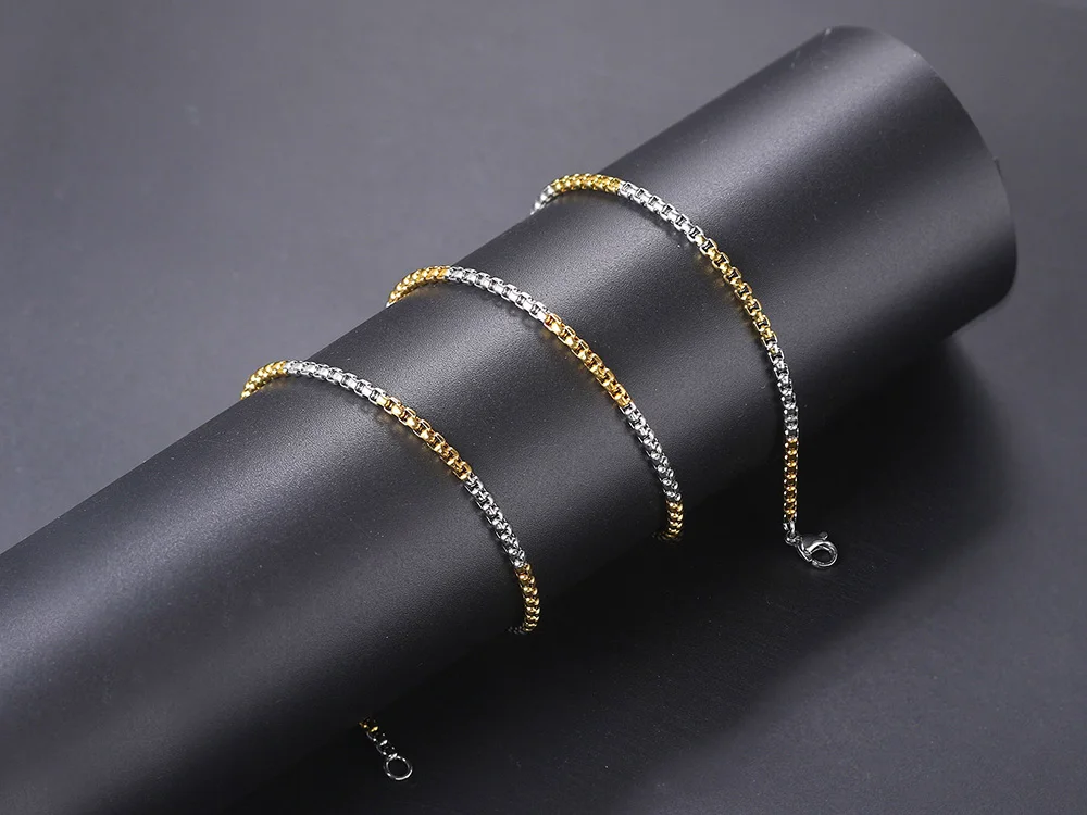 Hip Hop Necklaces For Men Women Gold Color Stainless Steel Necklace 3MM Square Pearl Chain Rapper Chain Personality Jewelry C021