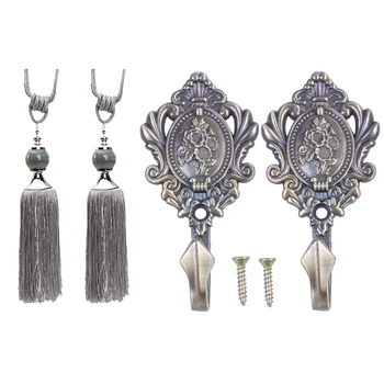 2 Pcs Rose Pattern Vintage Alloy Curtain Holdbacks Hooks & 1 Pair Curtain Tieback Silver Beaded Ribbon Tassel Rope Tie
2 Pcs Rose Pattern Vintage Alloy Curtain Holdbacks Hooks & 1 Pair Curtain Tieback Silver Beaded Ribbon Tassel Rope Tie