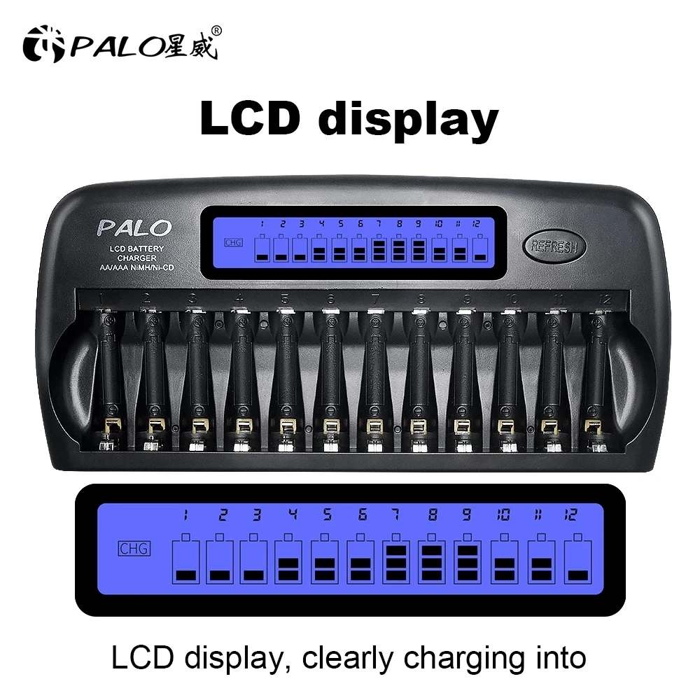 PALO 12 slot AA battery charger discharge smart LCD charger for 1.2V NIMH nicd aa aaa rechargeable battery quick charge
PALO 12 slot AA battery charger discharge smart LCD charger for 1.2V NIMH nicd aa aaa rechargeable battery quick charge