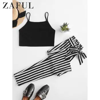 

ZAFUL Cami Striped Two Piece Paperbag Pants Set For Women Sleeveless High Spaghetti Straps Tops High Waisted Pants