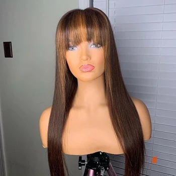 

Highlight Brown Blonde 13x6 Lace Front Human Hair Wigs with Baby Hair Peruvian Silk Base Full Lace with Bangs U Part Fringe Wigs