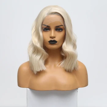 

RONGDUOYI Half Hand Tied Short Synthetic Lace Front Wig with Side Bangs Silky Natural Wave Bob Blonde Short Wigs for Women