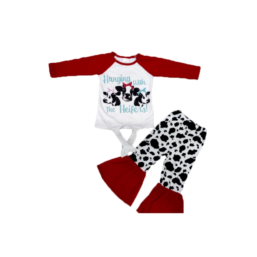 

Wholesale/retail cow pattern outfit baby girls letter top+flare pants 2 pcs set kids boutique children's clothing suit gxj