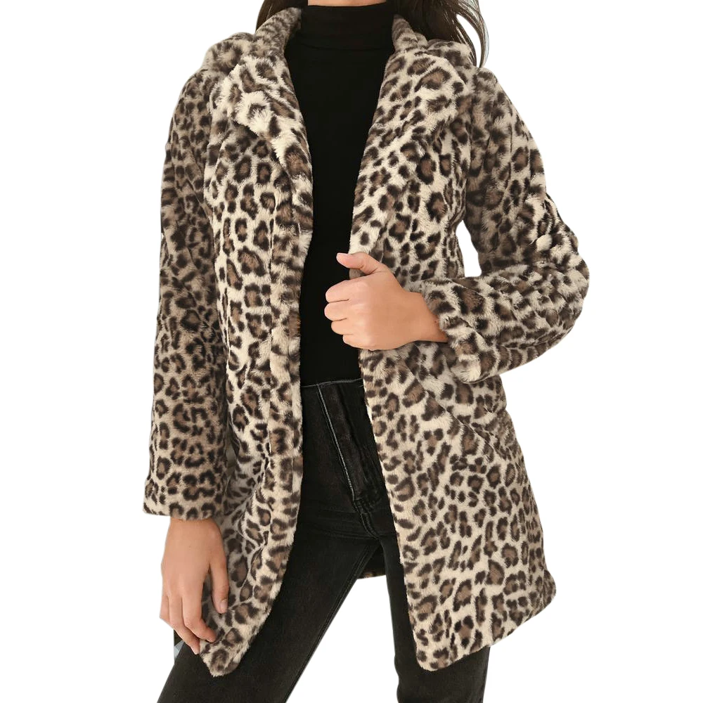 Фото HEFLASHOR 2019 Leopard Printed Coats Casual Furry Notched Winter Coat Women Lapel Collar Long Parkas Sexy Slim Outerwear | Женская