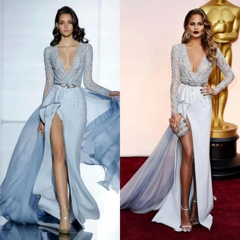 New Split Long Evening Dresses 2019 Long Sleeve Plunging Neckline Evening Gown Side Slit Beadings Prom Celebrity Gowns
New Split Long Evening Dresses 2019 Long Sleeve Plunging Neckline Evening Gown Side Slit Beadings Prom Celebrity Gowns