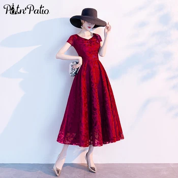 Elegant Wine Red Lace Evening Dresses With Short Cap Sleeves 2020 Scoop Neck Tea-length Women Prom Party Gowns For Engagement
Elegant Wine Red Lace Evening Dresses With Short Cap Sleeves 2020 Scoop Neck Tea-length Women Prom Party Gowns For Engagement
