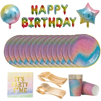 Shining Starry Sky Theme Birthday Party Disposable Tableware Set Rainbow Color Paper Plates Cup Napkin Spoon Fork Party Supplies
Shining Starry Sky Theme Birthday Party Disposable Tableware Set Rainbow Color Paper Plates Cup Napkin Spoon Fork Party Supplies