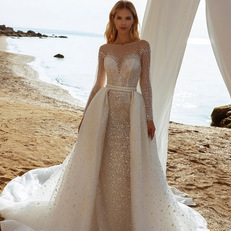 Beach Detachable Shiny Sequin Mermaid Wedding Dress Illusion Long Sleeves Button Sweep Train Custom Made Bridal Robe De Mariée
Beach Detachable Shiny Sequin Mermaid Wedding Dress Illusion Long Sleeves Button Sweep Train Custom Made Bridal Robe De Mariée