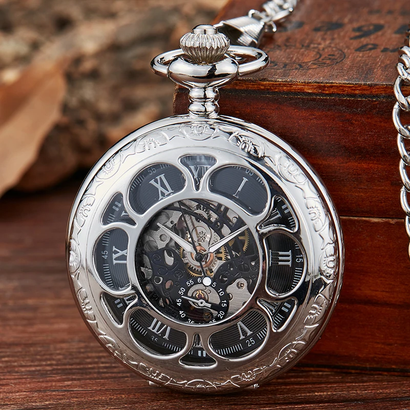 

Retro Mechanical Hand Wind Pocket Watches Skeleton Roman Numeral Dial Flip Case Watch Men Clock With Clip Pendant Chain Gift Box