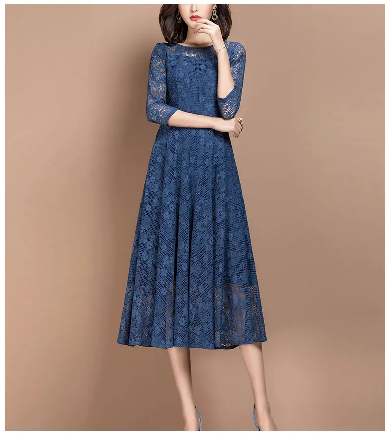 2021 Spring Vintage Three Quarter Sleeve Blue Lace Dress for Women 2021 Spring Vintage Three Quarter Sleeve Blue Lace Dress for Women