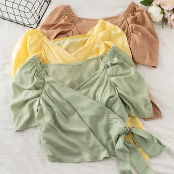 V-neck chiffon bandage solid women blouse summer new short high waist elegant lady pulls outwear tops tees 
V-neck chiffon bandage solid women blouse summer new short high waist elegant lady pulls outwear tops tees