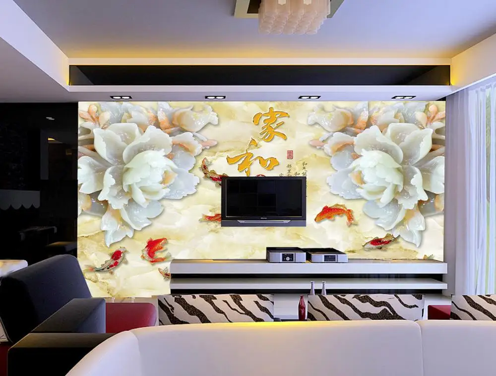 3DCustomized wallpaper mural jade carving Chinese painting with flower fash behind sofa as background in living room
3DCustomized wallpaper mural jade carving Chinese painting with flower fash behind sofa as background in living room