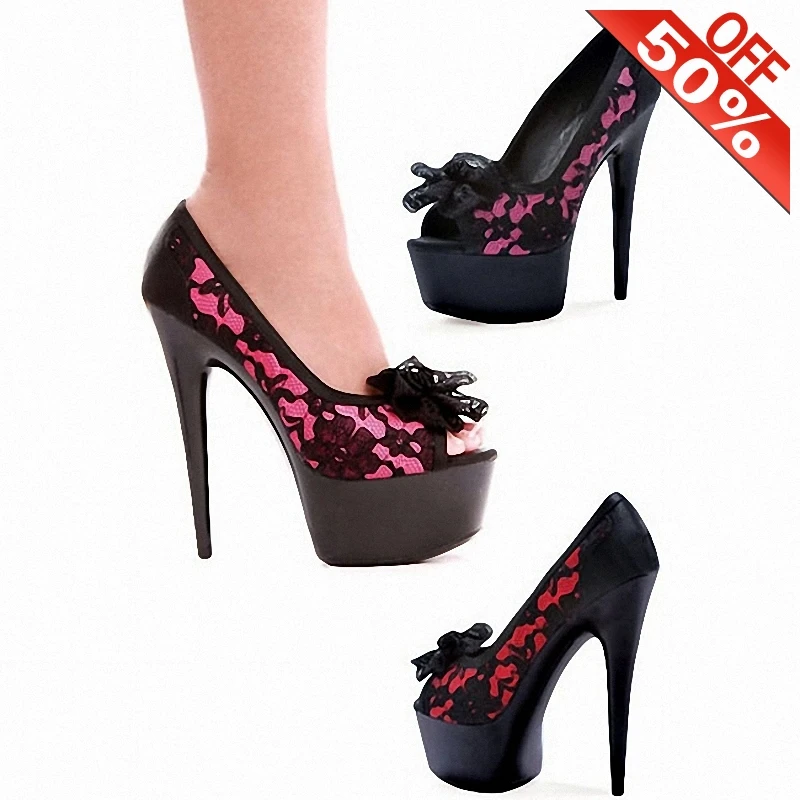 

new lace Shallow Peep toe Pumps 15cm High heeled shoes 6 inches Thick platform Sexy Fetish Butterfly stripper Fish mouth gothic