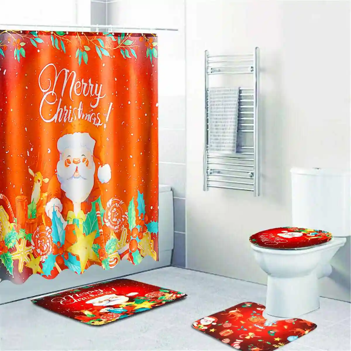 bathroom set merry christmas waterproof shower curtain 3pcs