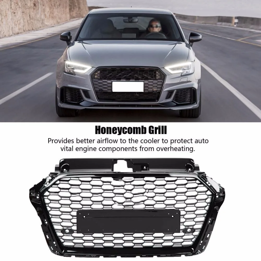 Noir Brillant Honeycomb Mesh voiture grille compatible avec Audi A3 8 V 2012-2016 S3 RS3 