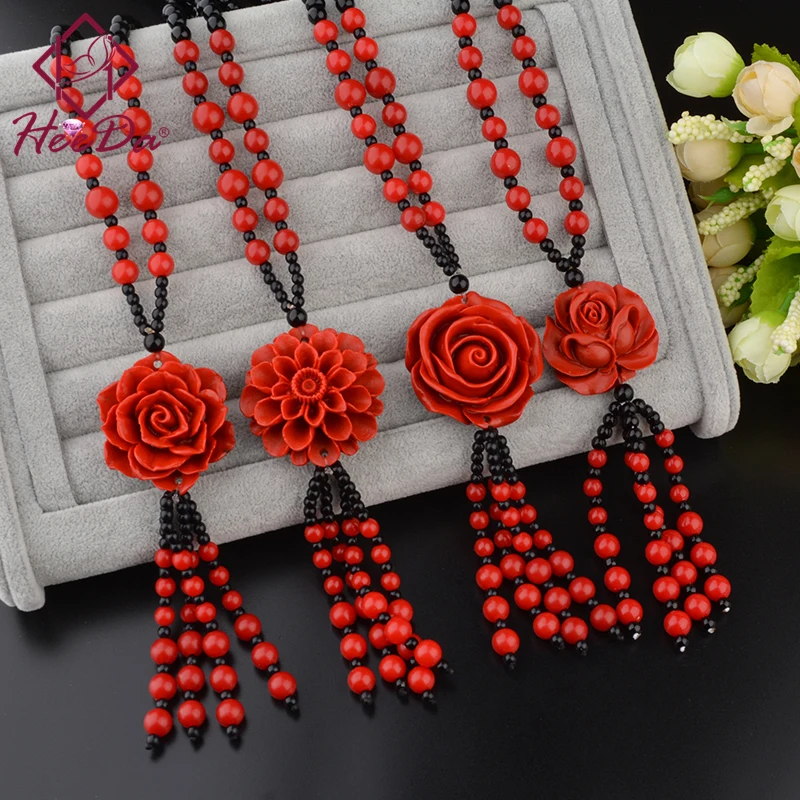 

Women's Vintage Ethnic Red Strand Long Tassel Necklace 2021 Lady Graceful Flower Sweater Chain Bead Necklaces Female New Jewelry