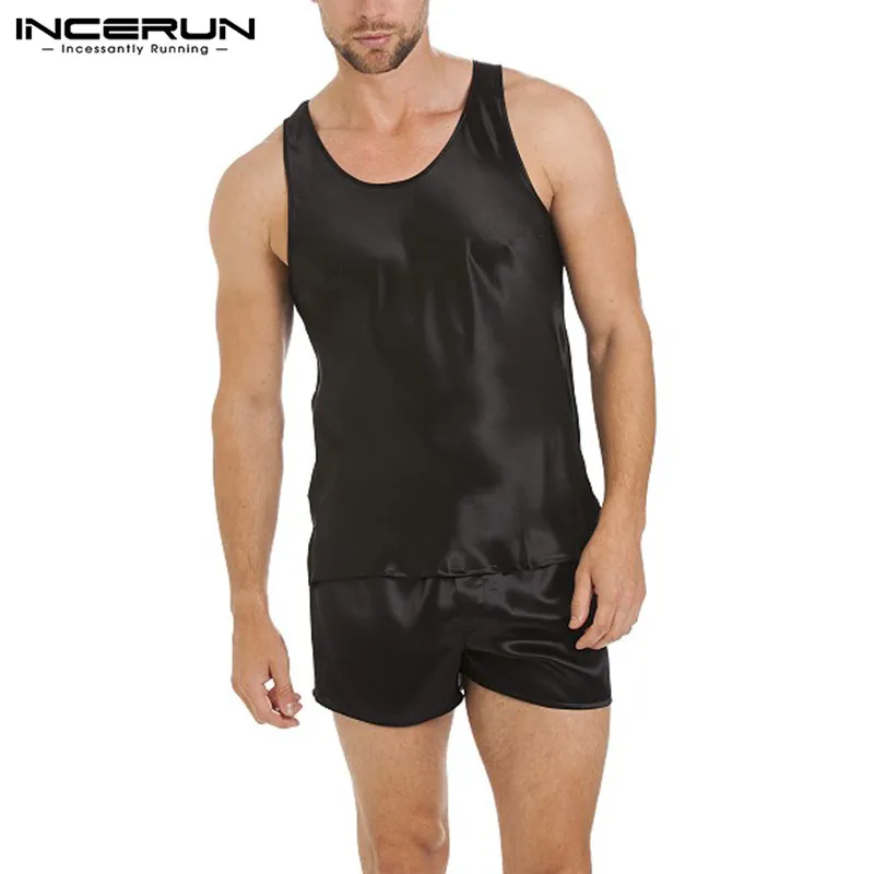 INCERUN Faux Silk Satin Men Pajamas Sets Breathable Homewear Sleeveless Tops Shorts Nightgown Pyjamas Men Sleepwear Sets Summer INCERUN Faux Silk Satin Men Pajamas Sets Breathable Homewear Sleeveless Tops Shorts Nightgown Pyjamas Men Sleepwear Sets Summer