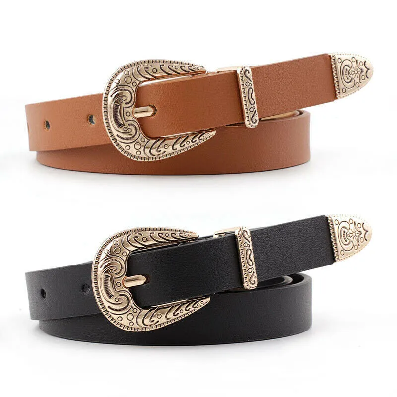 Fashion Womens PU Leather Belt Vintage Metal Buckle Thin Quality Faux Leather Waist Band 
Fashion Womens PU Leather Belt Vintage Metal Buckle Thin Quality Faux Leather Waist Band