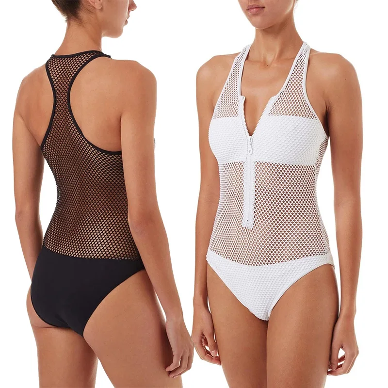 Sexy Mesh One Piece Swimsuit Women Swimwear Zipper Front Splicing Sheer Monokini Cut Out Bathing Suit Bodysuit Beachwear | Спорт и