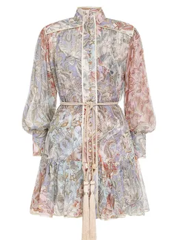 Vintage Print Women's Mini Dress Stand Collor Long Lantern Sleeve Single-Breasted Female Short Dresses 2020 New with Sashes
Vintage Print Women's Mini Dress Stand Collor Long Lantern Sleeve Single-Breasted Female Short Dresses 2020 New with Sashes