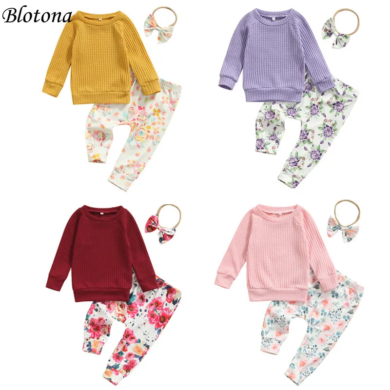 

Blotona Baby Girls Spring Fall Clothes Set, Solid Color Long Sleeve O-neck Tops+Floral Print Trousers+Bow-knot Headband, 0-24M