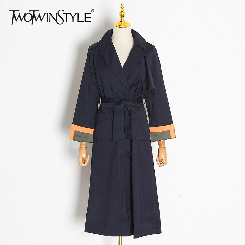 TWOTWINSTYLE элегантный Pathwork хит цвет Женская ветровка воротник с лацканами длинный