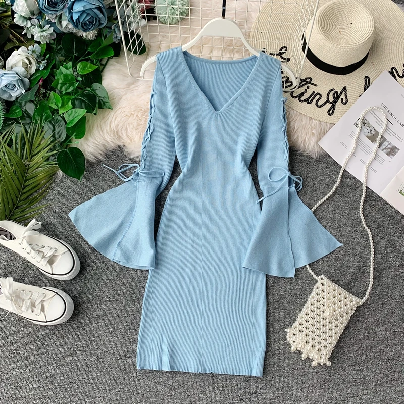 

Autumn Winter Korean Sexy V-neck Openwork Lace-up Long Flare Sleeve Knitted Package Hip Sweater Dress for Women Vestidos J363