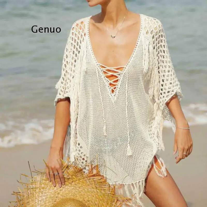 

New Knitted Beach Cover Up Women Bikini Swimsuit Cover Up Hollow Out Beach Dress Tassel Tunics Bathing Suits Cover-Ups Beachwear