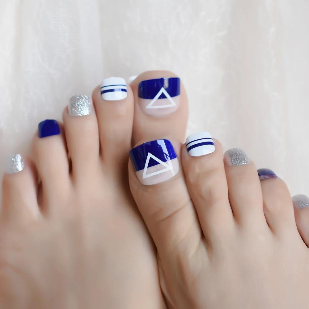 Модный дизайн натуральные синие накладные ногти набор блестящие французские
