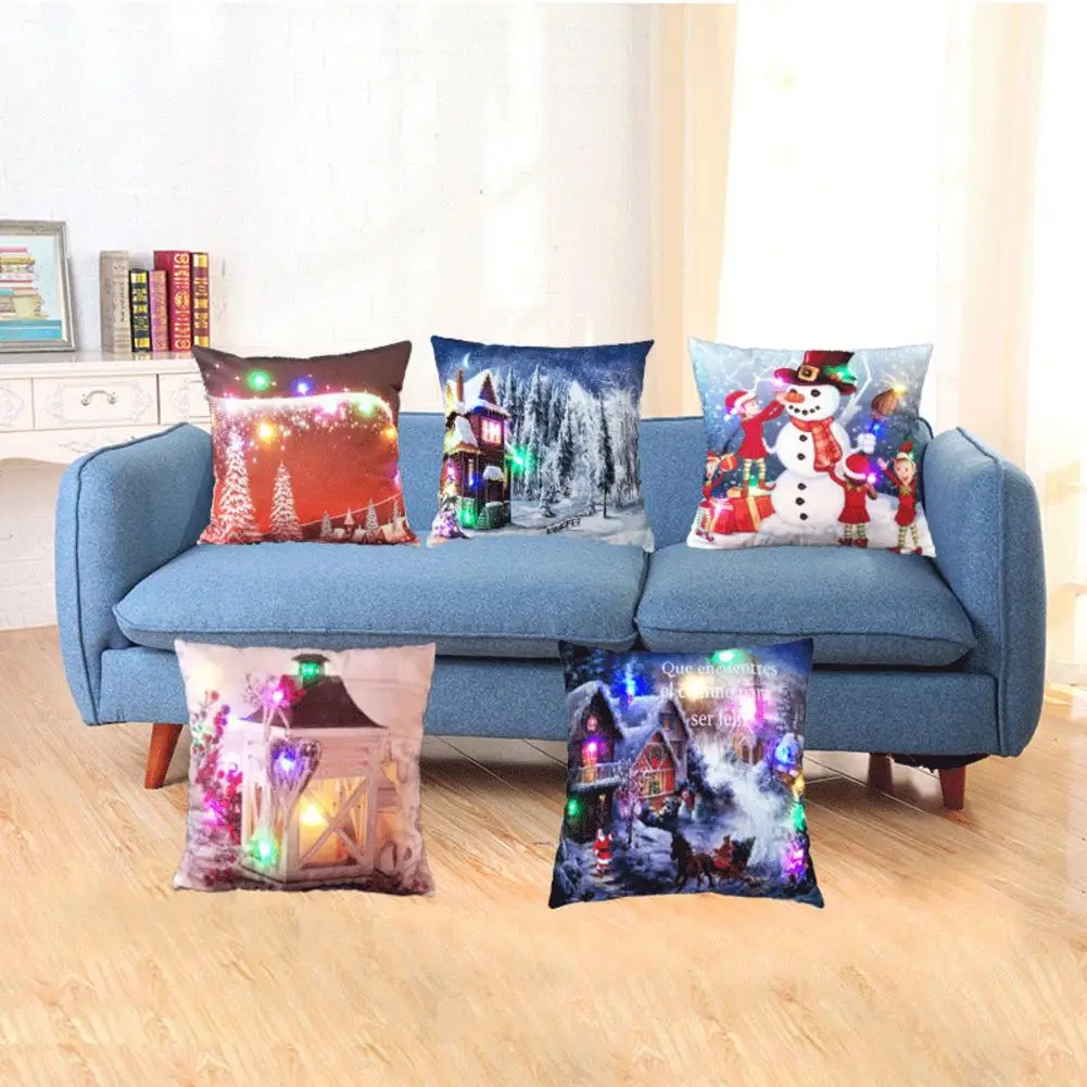 Christmas Glowing Pillowcase Linen LED Lights Snowman Pillowslip Decoration Sofa Back Cushion Pillow Cover 45*45 | Дом и сад