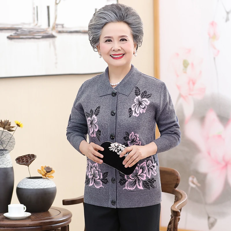 

Elderly Women Wool Cardigan Sweater Autumn Winter Sequined Woollen Knitwear Grandma Mother Flower Knitting Top Red Gray Green