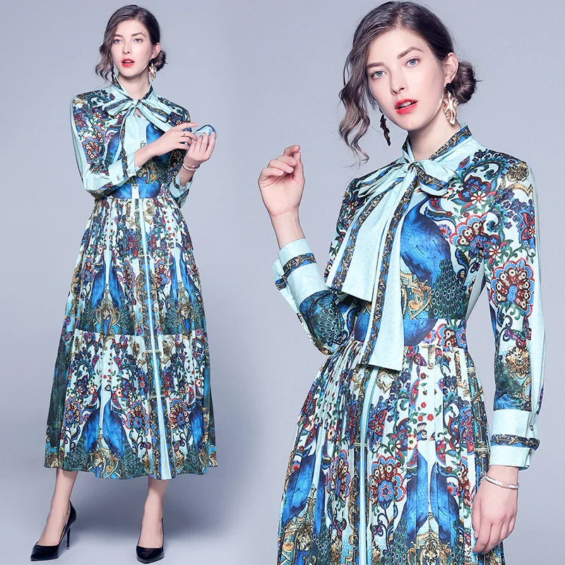 Luxury New Blue Dress 2019 Runway Autumn Butterfly Fashion Bow Neck Peacock Flower Printed Dress Vitnage Dress for Women
Luxury New Blue Dress 2019 Runway Autumn Butterfly Fashion Bow Neck Peacock Flower Printed Dress Vitnage Dress for Women