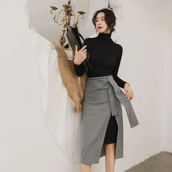 Korea Autumn 2019 Fashion Women Dress Suit Turtleneck Long Sleeve Black Knee-length Dress Slit Lace Up Skirt Two Piece Set
Korea Autumn 2019 Fashion Women Dress Suit Turtleneck Long Sleeve Black Knee-length Dress Slit Lace Up Skirt Two Piece Set