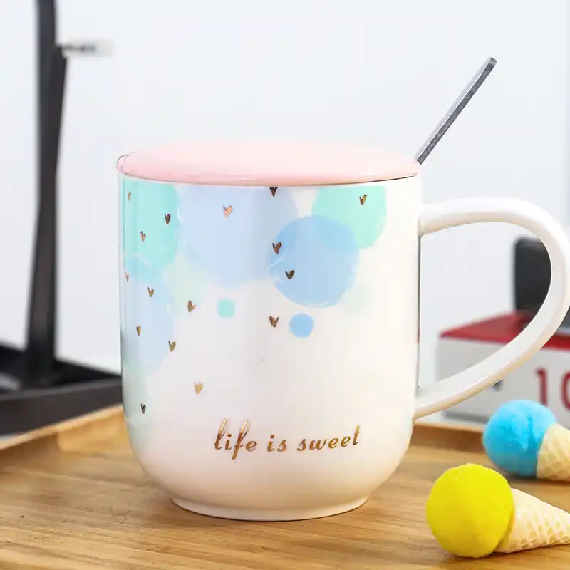 glod love colorful dots coffee mug with lid spoon