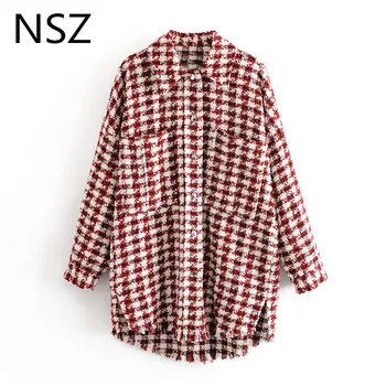 

NSZ women houndstooth oversized tweed jacket long sleeve fashion tassel plaid coat loose woolen checkered outwear femme veste