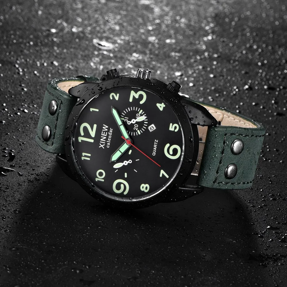 Фото Военные кожаные кварцевые аналоговые часы Мужские наручные мужские Часы