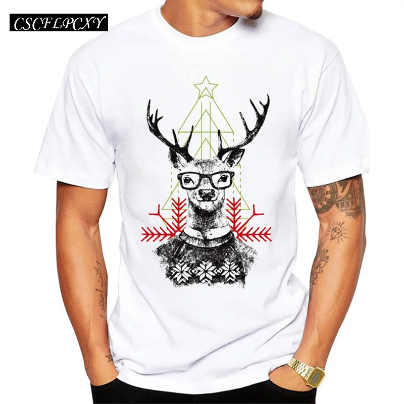 2019 Men's Christmas T-shirt Fashion hipster deer Printed Men T Shirts Short Sleeve Funny Tops | Мужская одежда