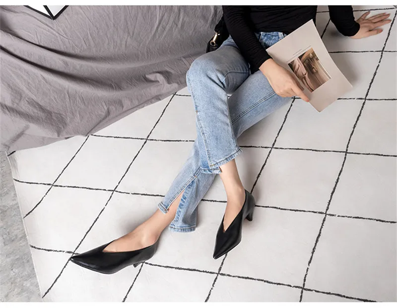 Spring Autumn Tip V Mouth Women Pumps Shoes Pu Leather Flock Grandma Office Ladies Shoes Small Thin Heels Slip On Women`s Shoes (5)