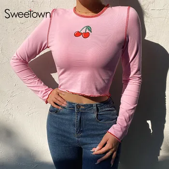 Sweetown 2020 Spring New Fashion Pink Cute Harajuku Crop Top Long Sleeve T-Shirts Women Floral Embroidery Streetwear Top Shirt
Sweetown 2020 Spring New Fashion Pink Cute Harajuku Crop Top Long Sleeve T-Shirts Women Floral Embroidery Streetwear Top Shirt