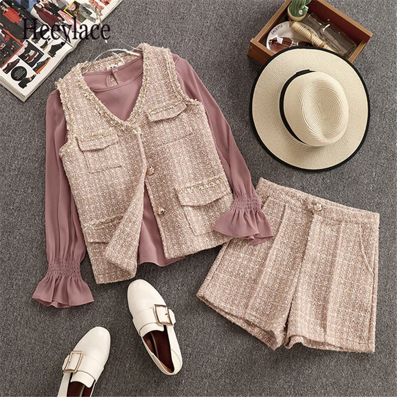 Women Autumn Winter OL Office 3PCS Outfit Flare Long Sleeve Basic Simple Blouse+V-Neck Sleeveless Tweed Vest Tops+Fashion Shorts
Women Autumn Winter OL Office 3PCS Outfit Flare Long Sleeve Basic Simple Blouse+V-Neck Sleeveless Tweed Vest Tops+Fashion Shorts