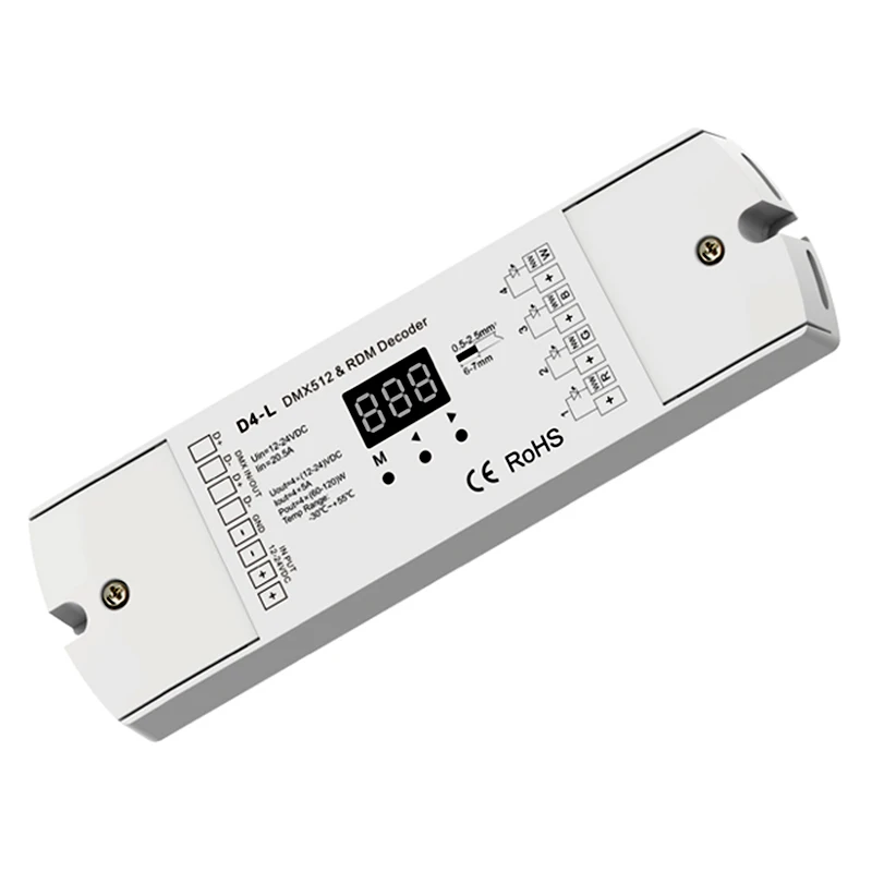 4 channel RDM DMX512 decoder D4-L DC12V 24V 20.5A 4CH*5A PWM constant voltage DMX512 LED Controller for RGB RGBW LED Strip
4 channel RDM DMX512 decoder D4-L DC12V 24V 20.5A 4CH*5A PWM constant voltage DMX512 LED Controller for RGB RGBW LED Strip