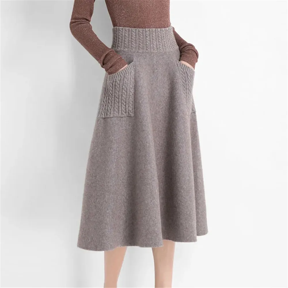 Женская зимняя Шерстяная трикотажная юбка длинная с карманами высокой талией в